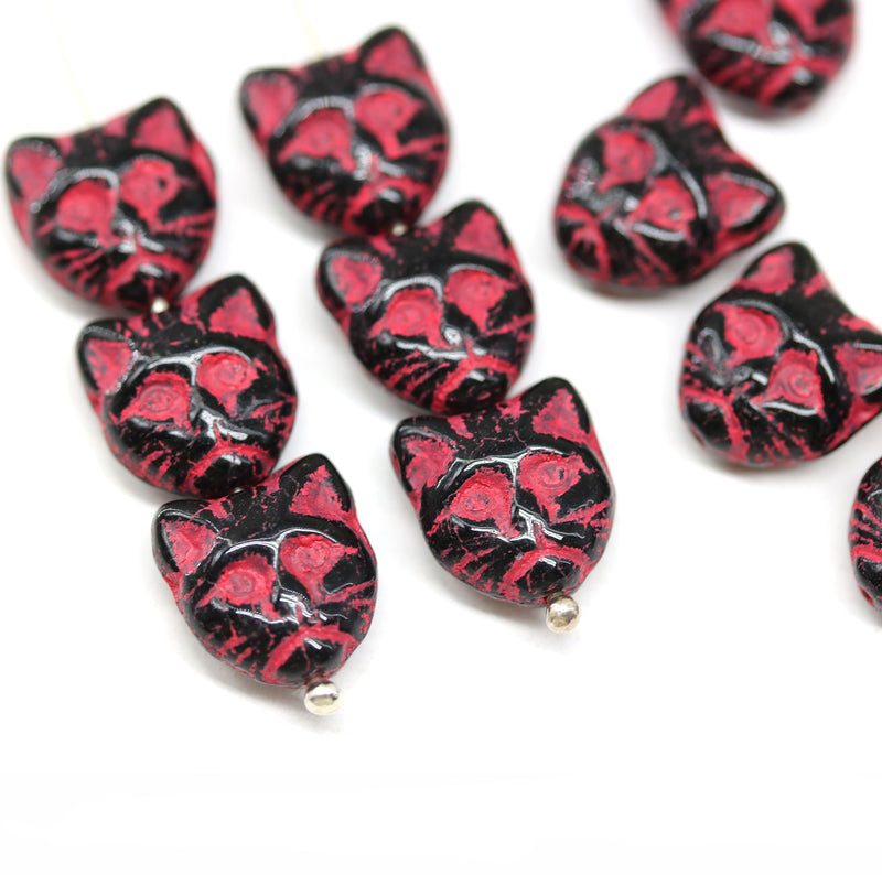 Black cat head beads with pink wash, 10pc