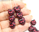 Black cat head beads with pink wash, 10pc