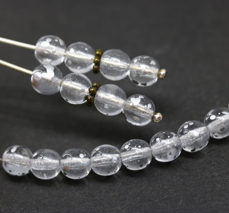 6mm Crystal clear silver flakes czech glass round beads, 30Pc