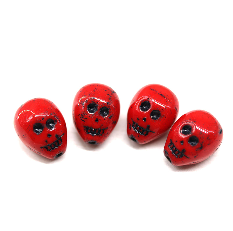 14mm Red black wash skull beads Czech glass beads, 4Pc