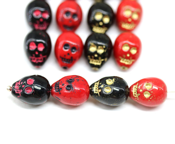 14mm Red black wash skull beads Czech glass beads, 4Pc