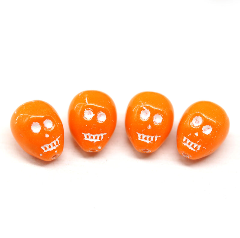 14mm Orange white wash skull beads Czech glass beads, 4Pc