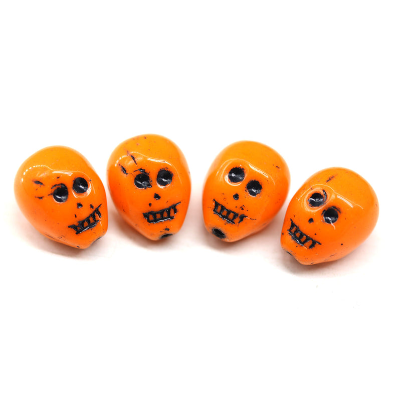 14mm Orange black wash skull beads Czech glass beads, 4Pc