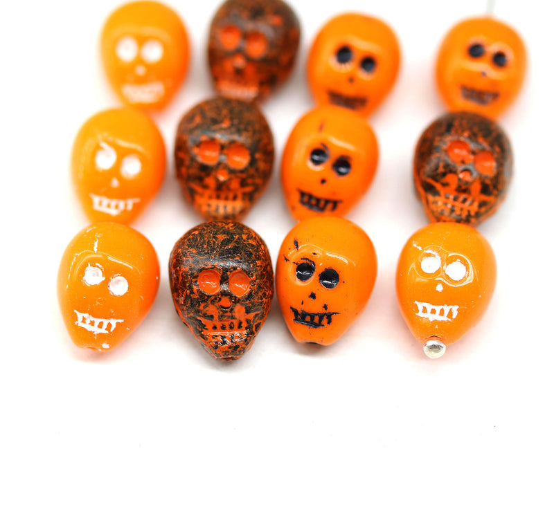 14mm Orange black wash skull beads Czech glass beads, 4Pc