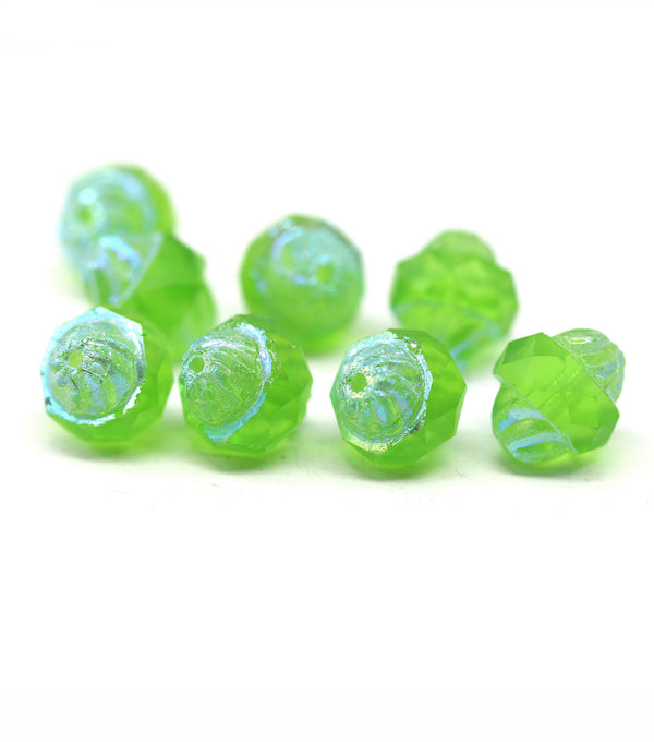 11x10mm Light green turbine beads, AB finish Czech glass fire polished 8pc