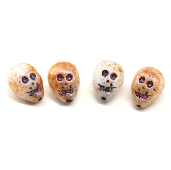 14mm White blue wash skull beads Czech glass beads, 4Pc