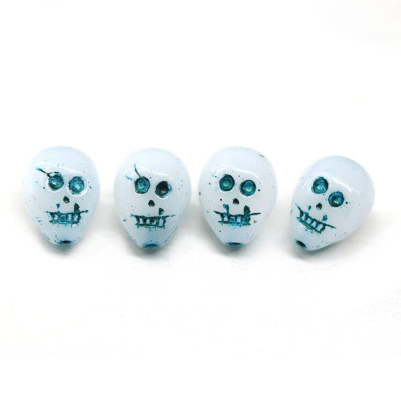 14mm White blue wash skull beads Czech glass beads, 4Pc