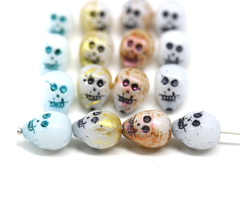 14mm White pink wash skull beads Czech glass beads, 4Pc