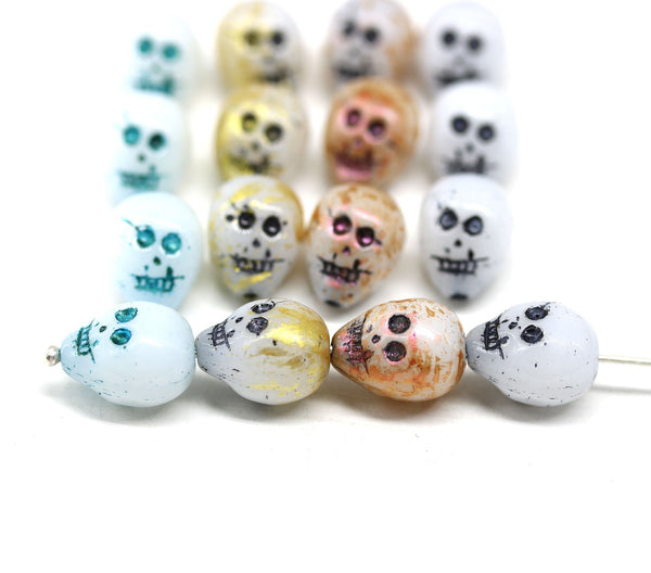 14mm White blue wash skull beads Czech glass beads, 4Pc