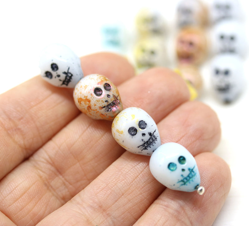 14mm White pink wash skull beads Czech glass beads, 4Pc