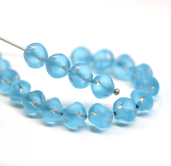 7mm Frosted blue cube czech glass beads, silver star ornament, 25pc