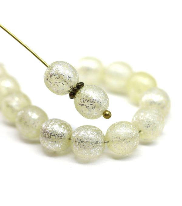 8mm Pale yellow silver wash round czech glass druk beads, 15Pc