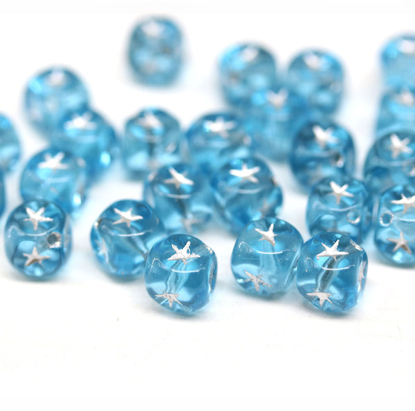 7mm Blue cube czech glass beads, silver star ornament, 25pc