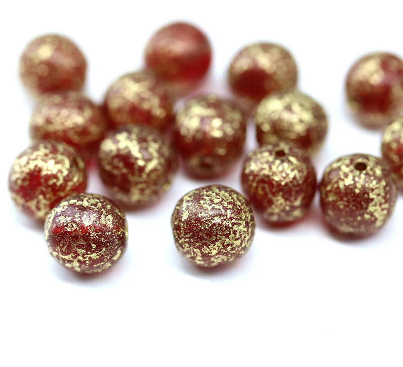 8mm Red with gold flakes round czech glass druk beads, 15Pc