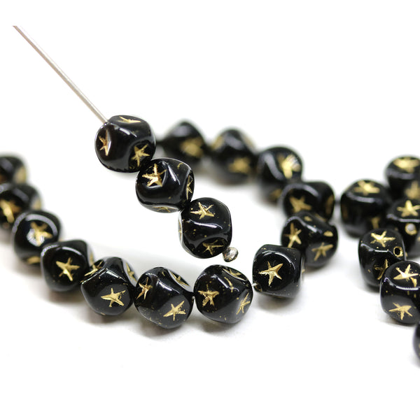 7mm Black cube czech glass beads, golden star ornament, 25pc