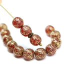 8mm Red with gold flakes round czech glass druk beads, 15Pc