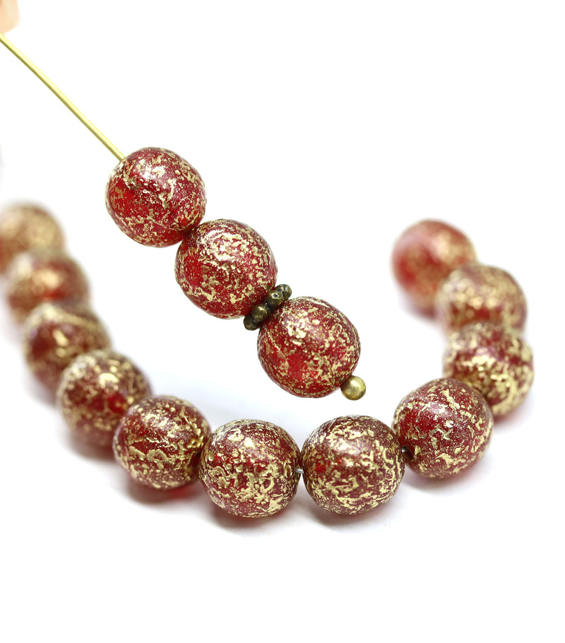 8mm Red with gold flakes round czech glass druk beads, 15Pc