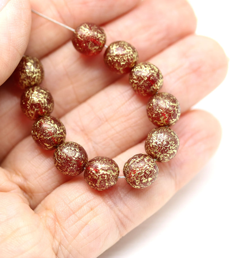 8mm Red with gold flakes round czech glass druk beads, 15Pc