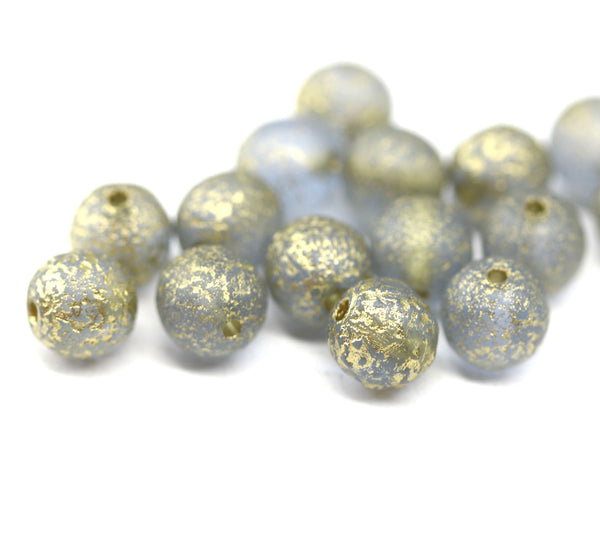8mm Light blue gold wash round czech glass druk beads, 15Pc
