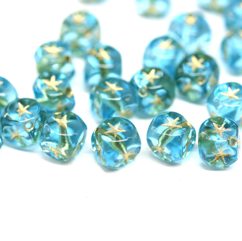 7mm Blue cube czech glass beads, golden star ornament, 25pc