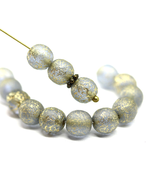 8mm Light blue gold wash round czech glass druk beads, 15Pc