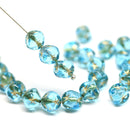 7mm Blue cube czech glass beads, golden star ornament, 25pc