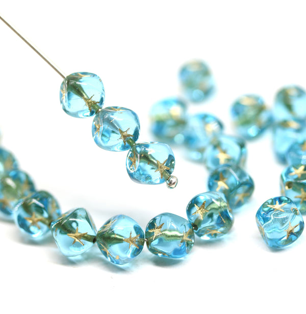 7mm Blue cube czech glass beads, golden star ornament, 25pc