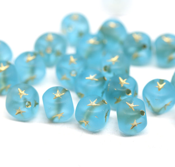 7mm Frosted blue cube czech glass beads, golden star ornament, 25pc