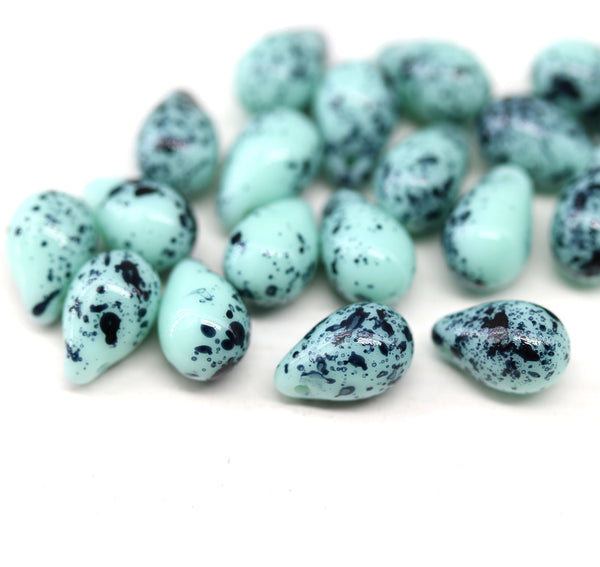 6x9mm Mint green czech glass teardrop beads, dark speckles - 20pc