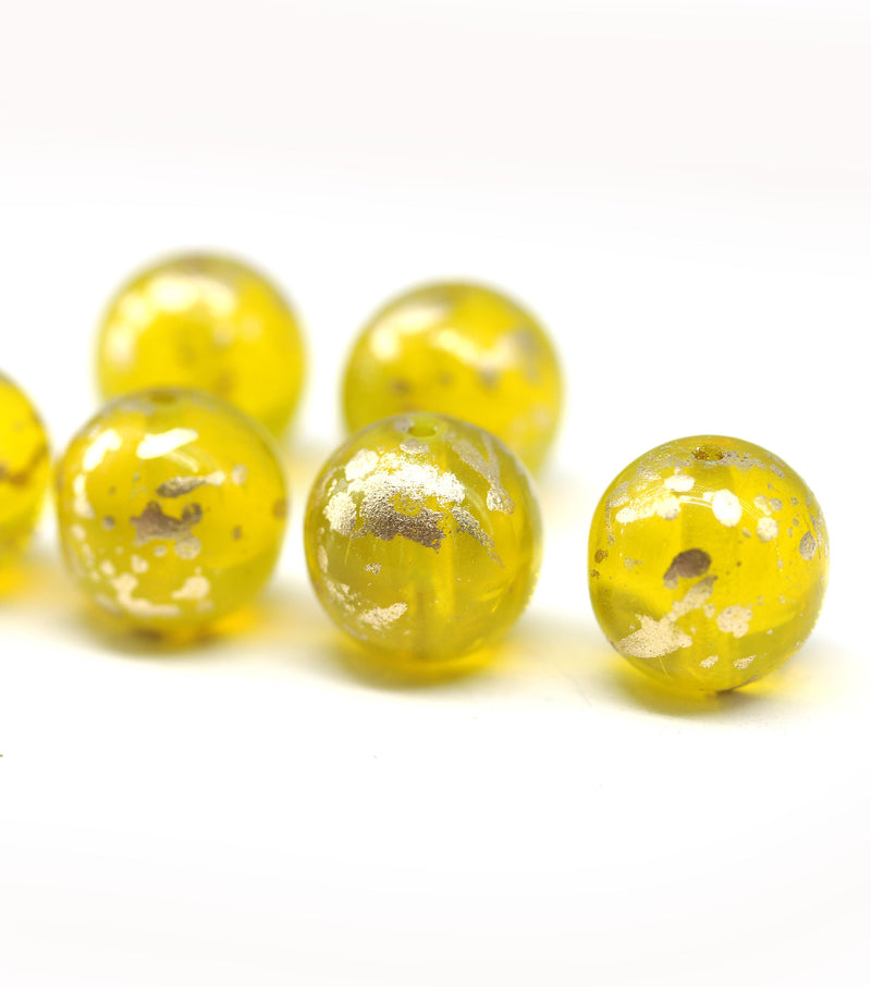 12mm Opal yellow melon czech glass beads, gold flakes, 6pc