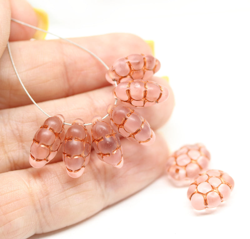 Frosted pink copper inlays grape fruit Czech glass beads 8pc