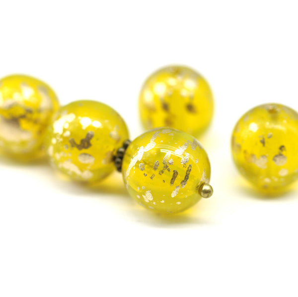 12mm Opal yellow melon czech glass beads, gold flakes, 6pc