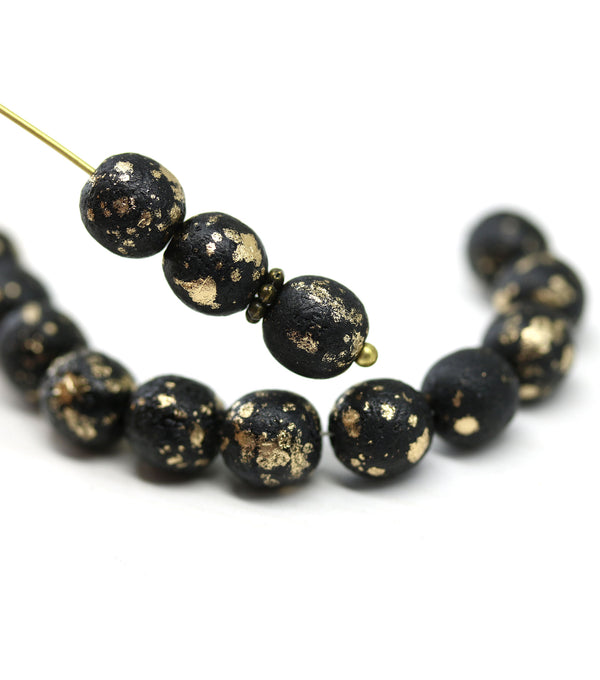 8mm Black with gold flakes round czech glass druk beads, 15Pc