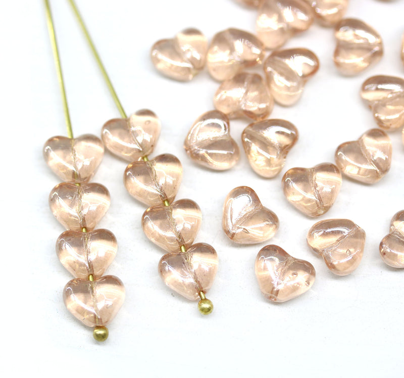 8mm Peach puffy heart shaped Czech glass beads with luster - 30pc