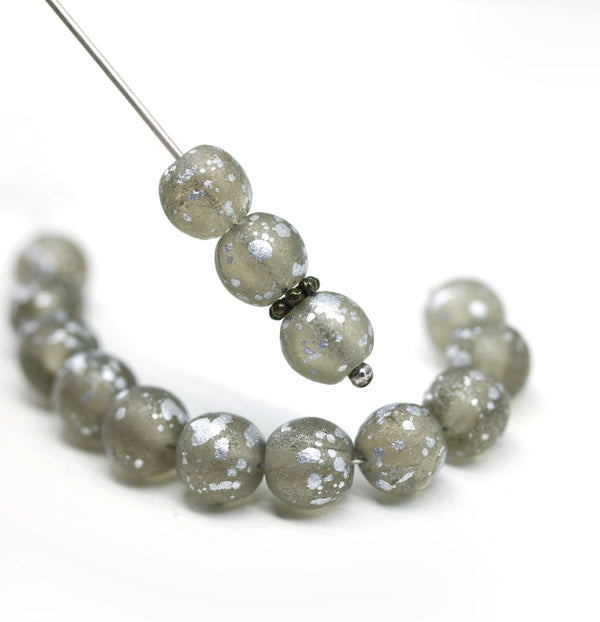 8mm Frosted gray round czech glass druk pressed beads, silver flakes, 15Pc