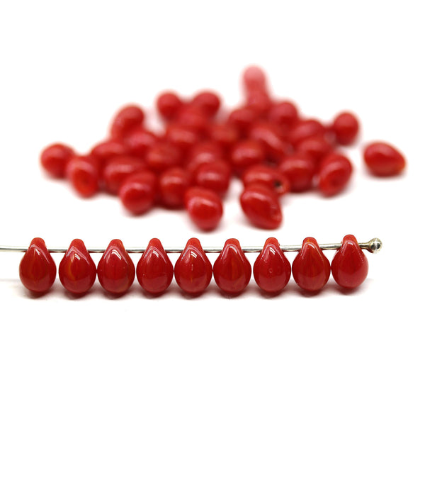 5x7mm Small opaque red teardrops, czech glass beads, 40pc
