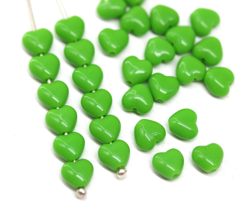 6mm Green opaque heart shaped Czech glass beads - 30pc