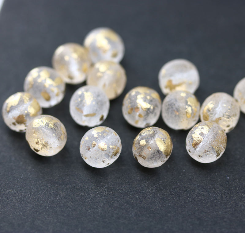 8mm Frosted clear round czech glass druk pressed beads, gold flakes, 15Pc