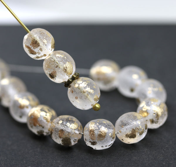 8mm Frosted clear round czech glass druk pressed beads, gold flakes, 15Pc