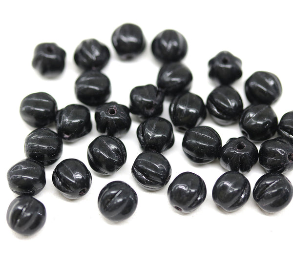 6mm Black round melon shape czech glass beads 50Pc