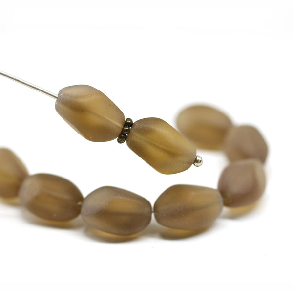 13x9mm frosted smokey topaz twisted czech glass barrel bead, 10Pc