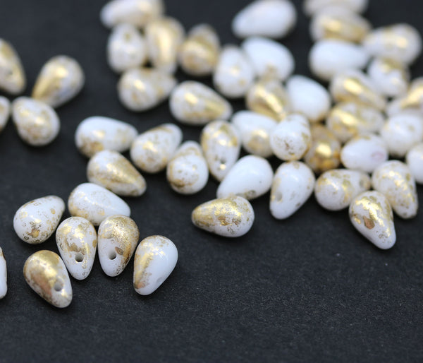 4x6mm White teardrop Czech glass beads, gold flakes, 50Pc