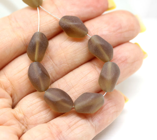 13x9mm frosted smokey topaz twisted czech glass barrel bead, 10Pc