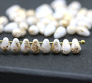 4x6mm White teardrop Czech glass beads, gold flakes, 50Pc