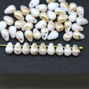 4x6mm White teardrop Czech glass beads, gold flakes, 50Pc