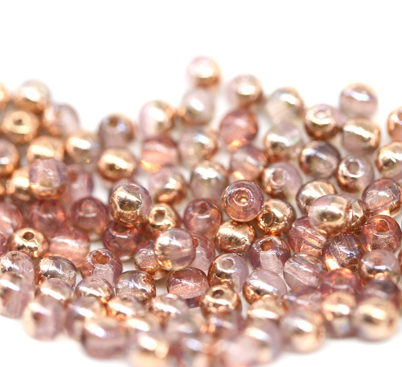 3mm Opal pink bright copper Czech glass small druk beads, 5g