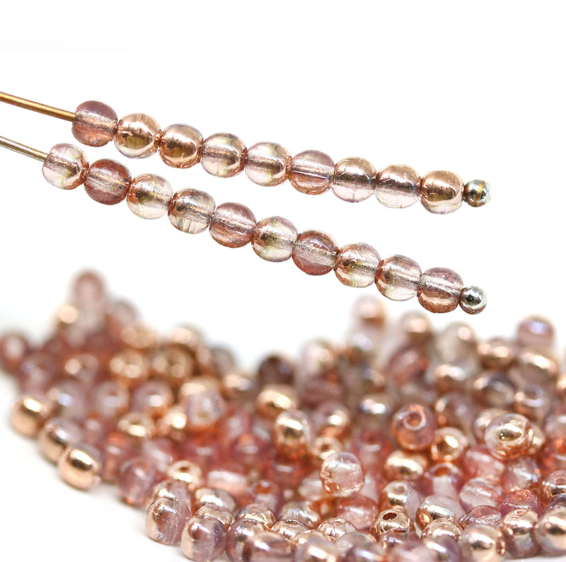 3mm Opal pink bright copper Czech glass small druk beads, 5g