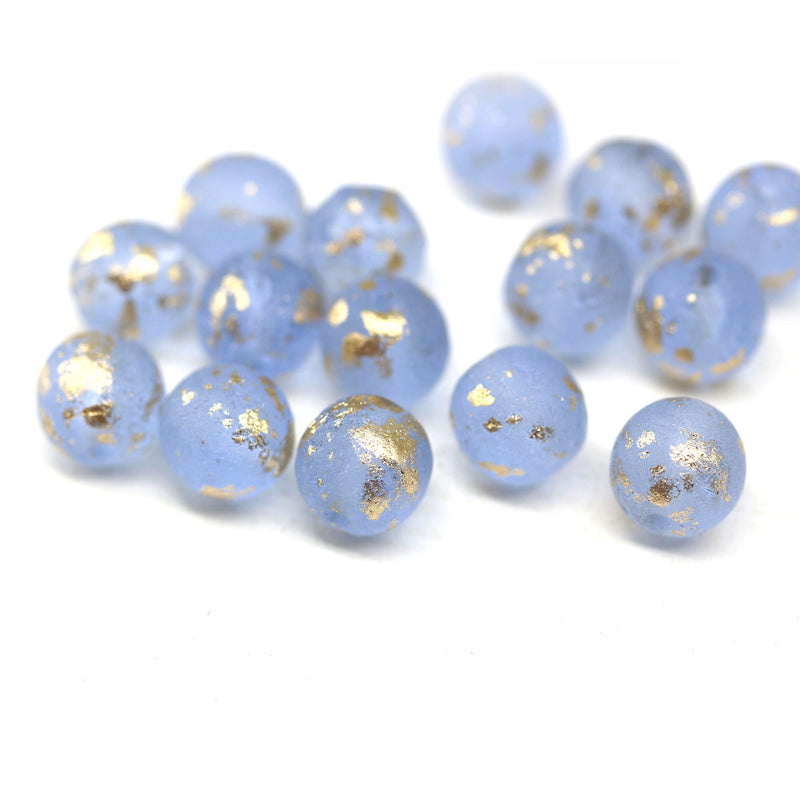 8mm Frosted blue round czech glass druk pressed beads, gold flakes, 15Pc