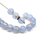 8mm Frosted blue round czech glass druk pressed beads, gold flakes, 15Pc