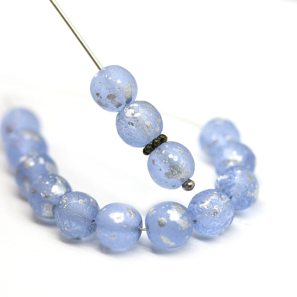 8mm Frosted blue round czech glass druk pressed beads, silver flakes, 15Pc